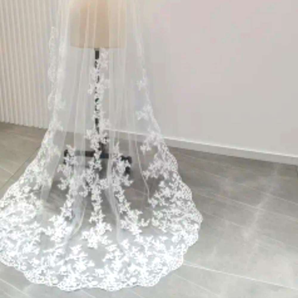 White embroidered chapel length veil